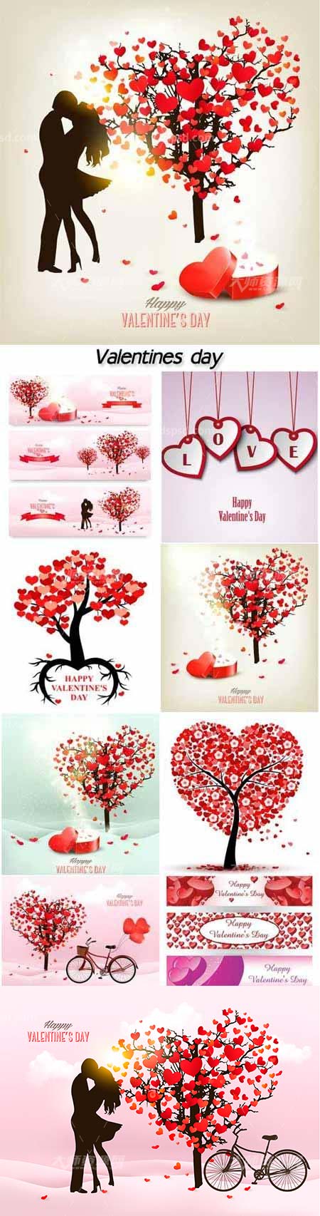 Holiday valentine day background with tree and romance silhouette,10个情人节专用矢量素材